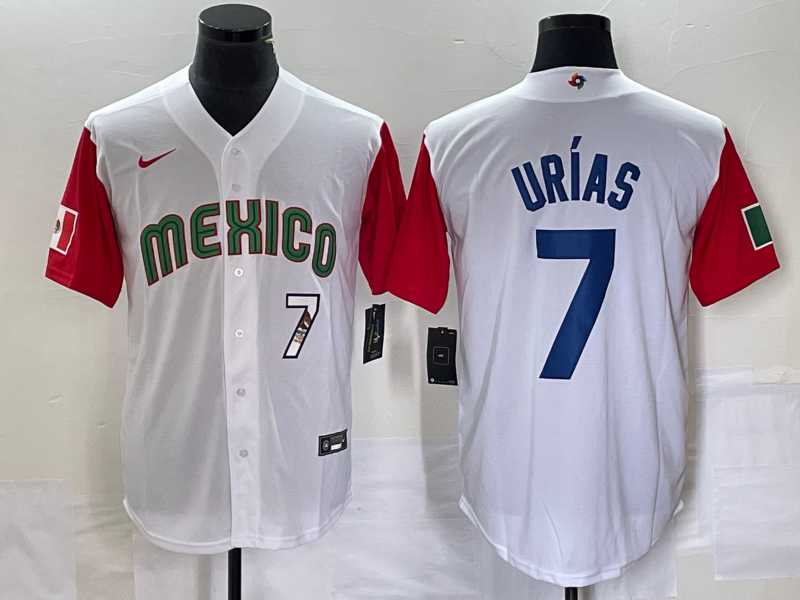 Men's Mexico Baseball #7 Julio Urias Number 2023 White Red World Classic Stitched Jersey